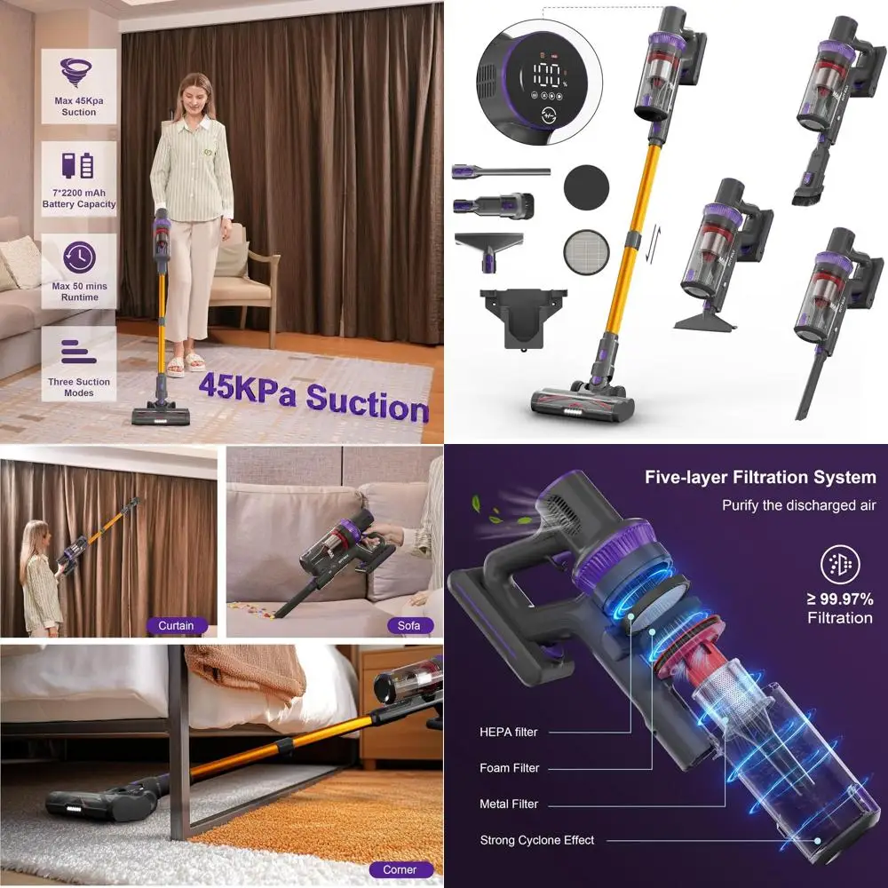 

Беспроводной легкий пылесос 4-в-1 для дома, удаления шерсти животных, сила всасывания 45 кПа, время работы 50 минут, LED-дисплей