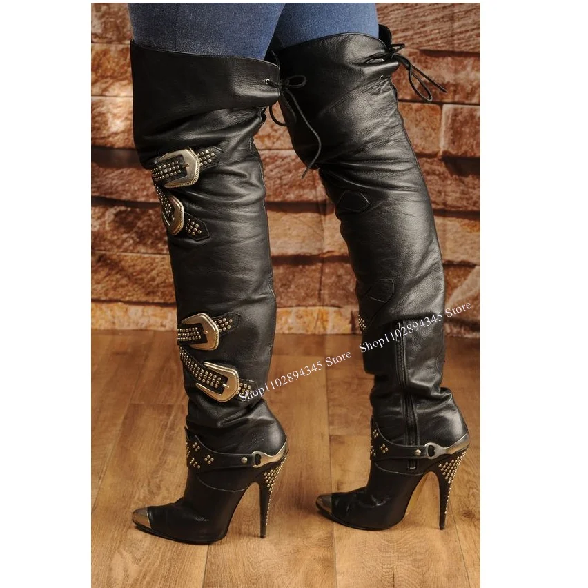 

Black Rivet Buckle Over Knee High Boots Thin High Heel Pointed Toe Fashion Novel Sexy Woman Shoes Summer Party Zapatillas Mujer