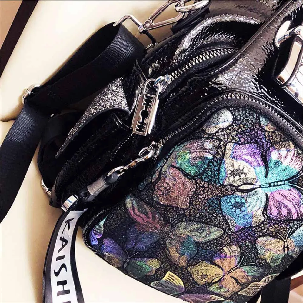 Woman\'s Genuine Leather Backpack Fashion Butterfly Backpack Stylish Shiny Holographic Small Travel School Book Daily Daypack Bag