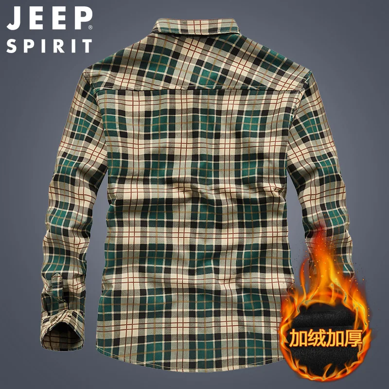 JEEP SPIRIT men fleece thickened long-sleeved shirt autumn winter fashion urban lapel cardigan slim fit warm casual plaid top