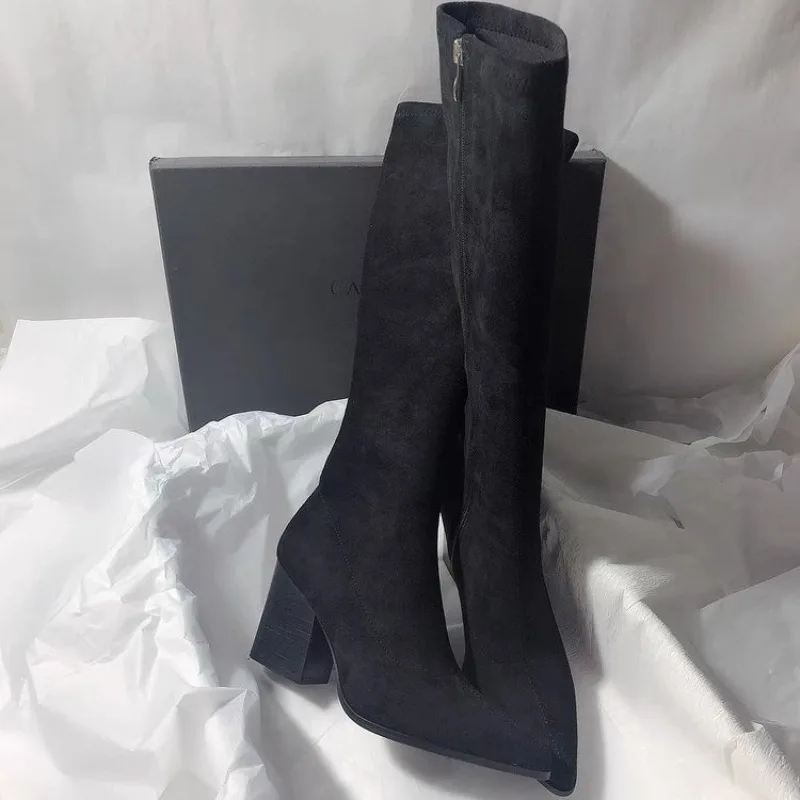 Winter new Style French retro pointed-toe chunky heel suede fashionable long boots for women, extra large size, tall boots 2026