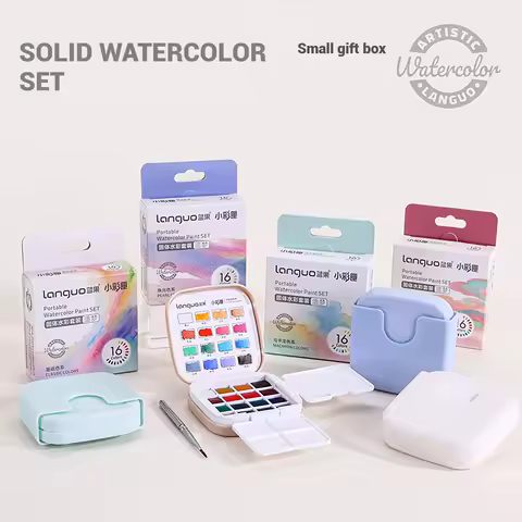 Languo 16 Colors Mini Portable Solid Watercolor Paint Set with Brush&amp;Palette Travel Sketching Painting Box for Art Drawing