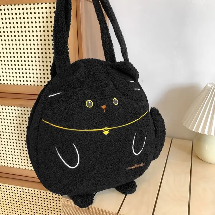 Kawaii Cartoon Cat Plush Bag Women College Girls Shoulder Bag Large Capacity Handbags and Purses Imitation Lamb Hair Tote Bag