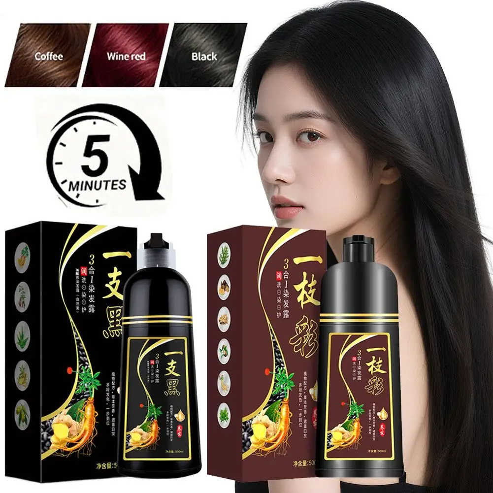 500ML Natural Black Brown Hair Dye Shampoo Wine Red Hair Color Shampoo Grey Hair Removal for Men Women Shiny Hair