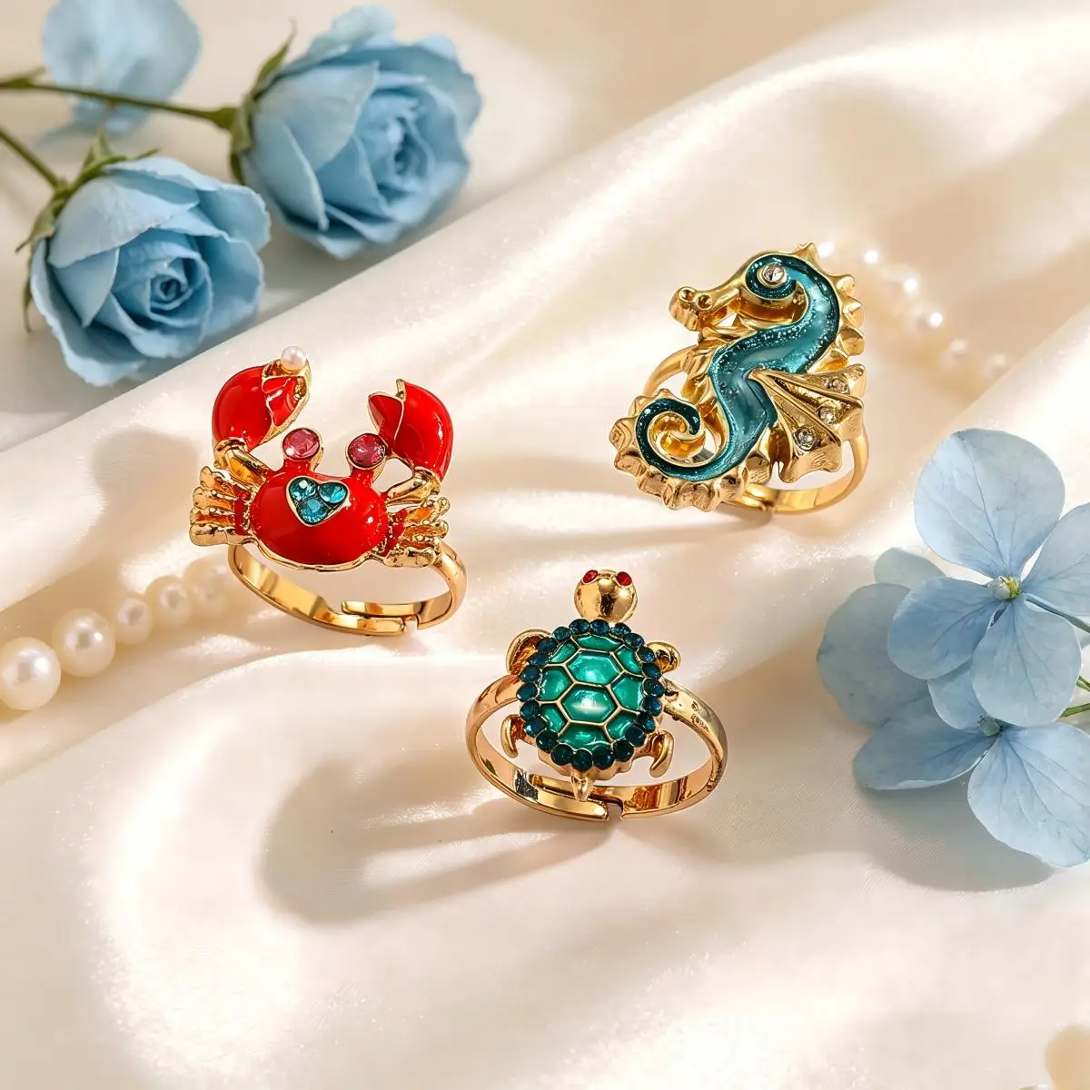 Ocean Animal Adjustable Open Ring For Women Gold Plated Enamel Crab Seahorse Turtle Zircon Finger Ring Summer Beach Vacation Jew