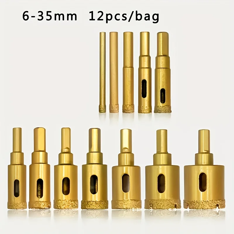12Pcs 6-35mm Vacuum Brazed Hole Saw Drill Bit Set, Core Bits for Tile Marble Ceramic Stone Drilling DIY Tools