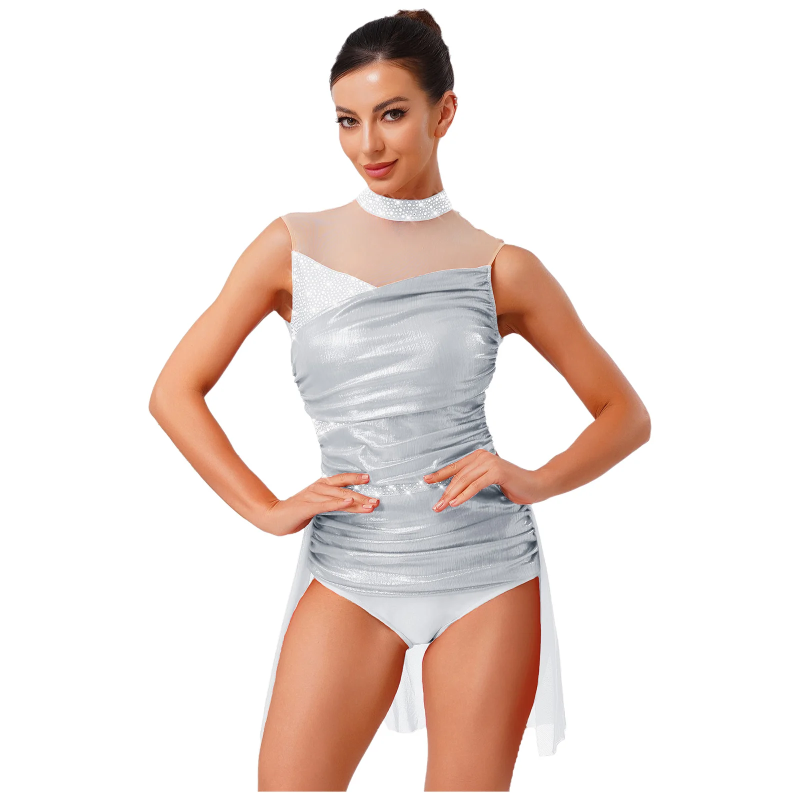 

Womens Lyrical Dance Leotard Glitter Rhinestones Shiny Metallic Contrast Color Sleeveless Ruched Mesh Skirt Bodysuit Ballerina