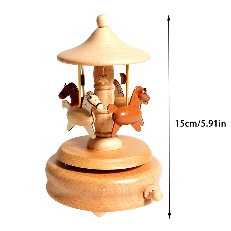 Wooden Carousel Music Box Ornaments Rotatable Hand-cranked Music Box DIY Handmade Birthday Christmas Gift Children’s Toys