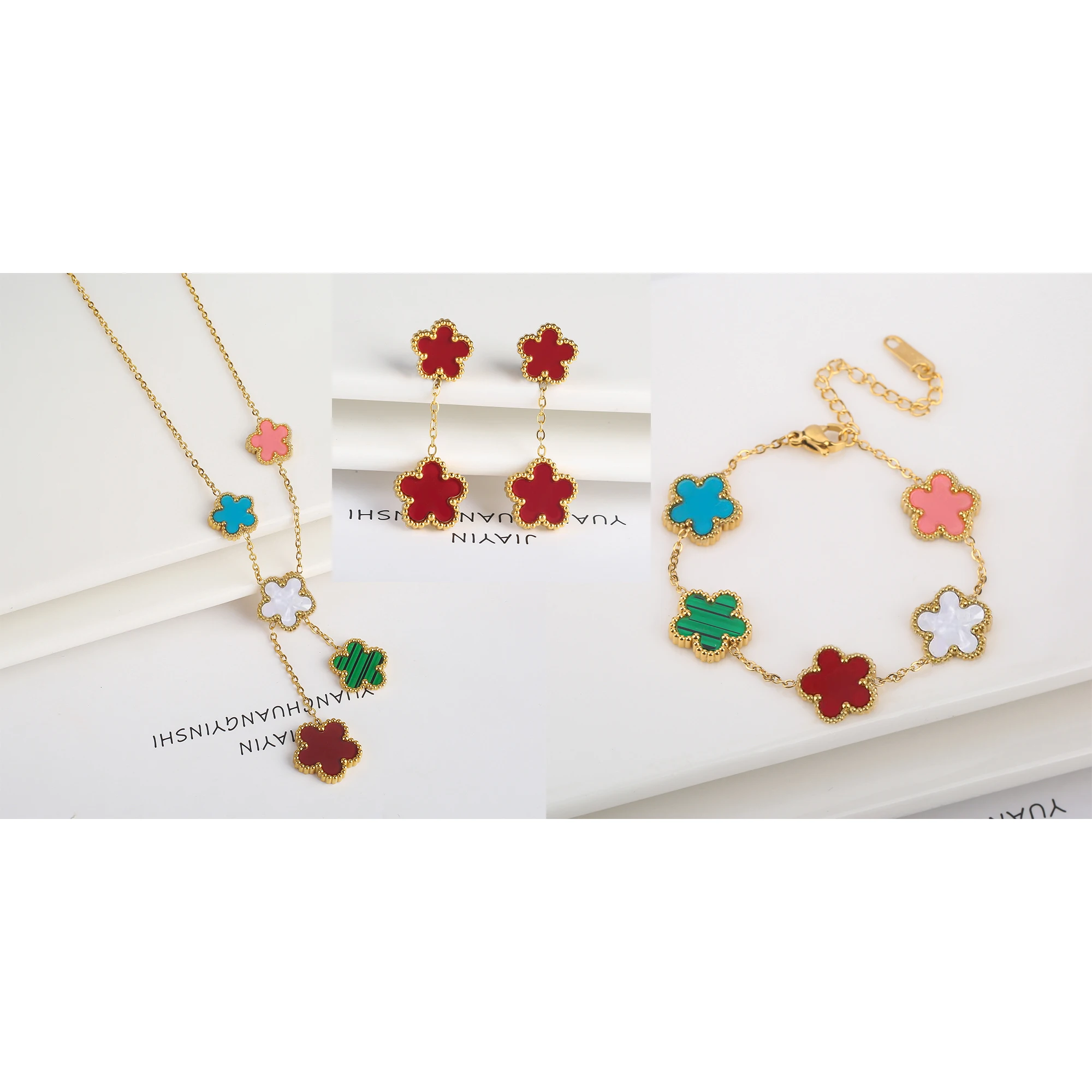 3pc 18k Gold-Plated Five-Leaf Flower Necklace Earrings Bracelet Set