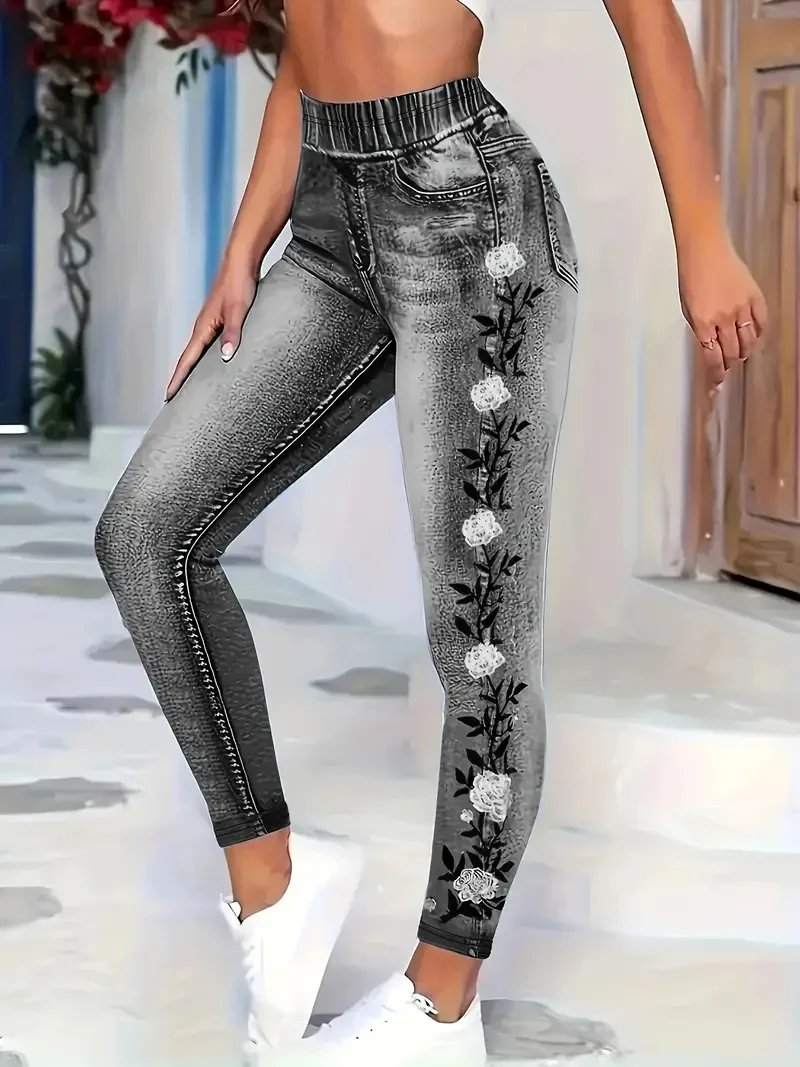 Women's Spring and Autumn Fashionable Faux Denim Printed Elegant Leggings