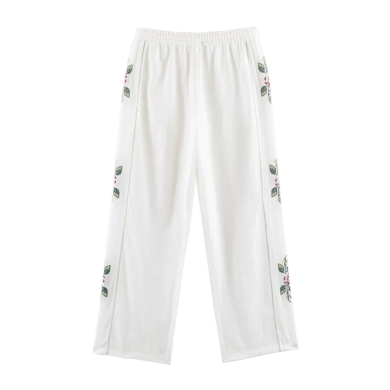 2026 New Lightweight And Comfortable Straight Leg Pants Embroidered Decorative Elegant Vacation Style Trousers For Women