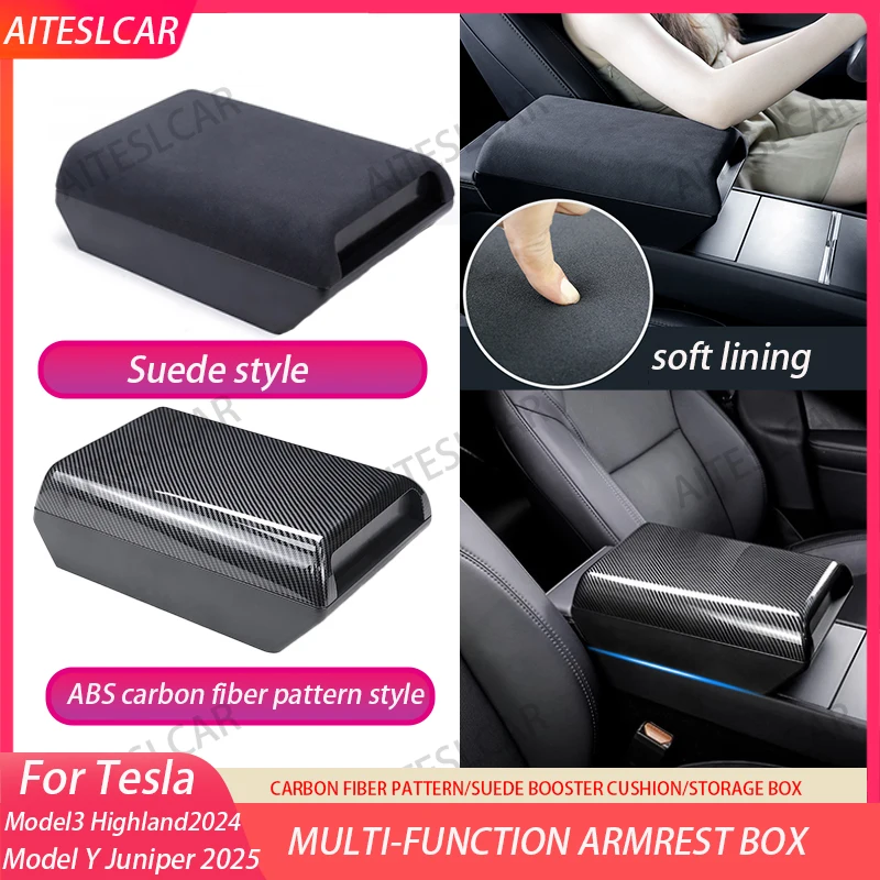 

For Tesla Model Y Juniper 2020-2025 Center Armrest Booster Pad Suede Leather Magnetic Storage Box Model 3 Higher Armrests Box