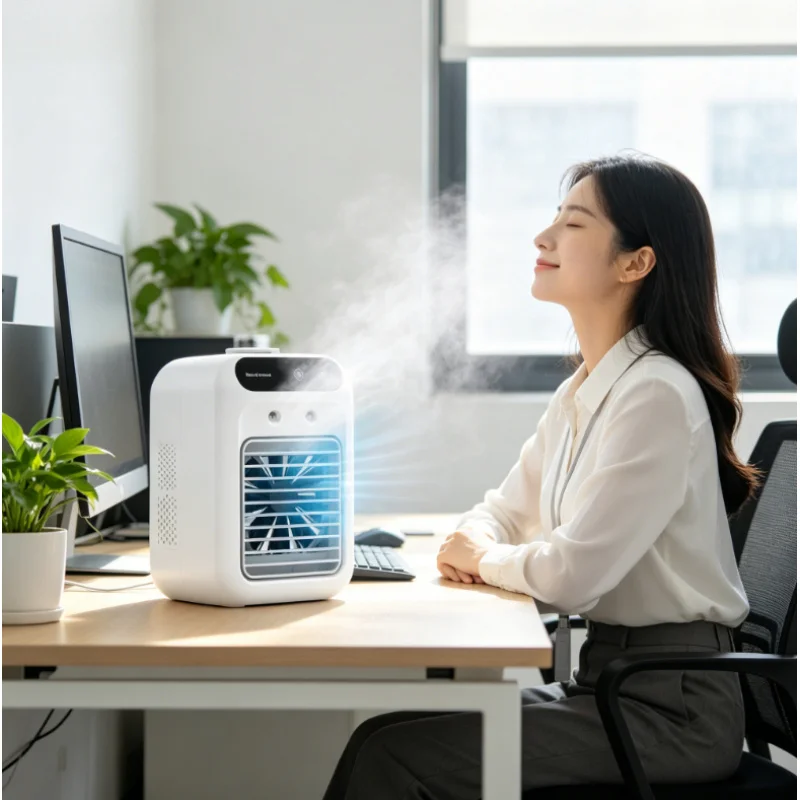 Ventilateur humidificateur de bureau USB 3 en 1, mini refroidisseur d'air portable rechargeable 1800 mAh pour la maison, le bureau et la voiture