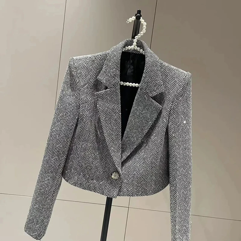 Vintage Cropped Blazers Women French Light Luxury Sequins Elegant Suit Jacket Long Sleeve Office Lady Striped Casual Short Coats