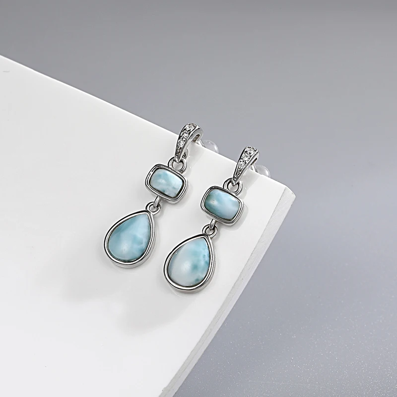 Immagine 4: Nuova geometria di moda aerodinamica lunga gioielli in argento sterling 925 ragazza naturale preziosa orecchini Larimar da donna