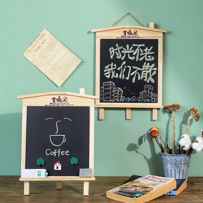 

Magnetic Small House Blackboard Creative Wooden House Can Stand/Hang Dual Use Single Sided Bracket Message Board