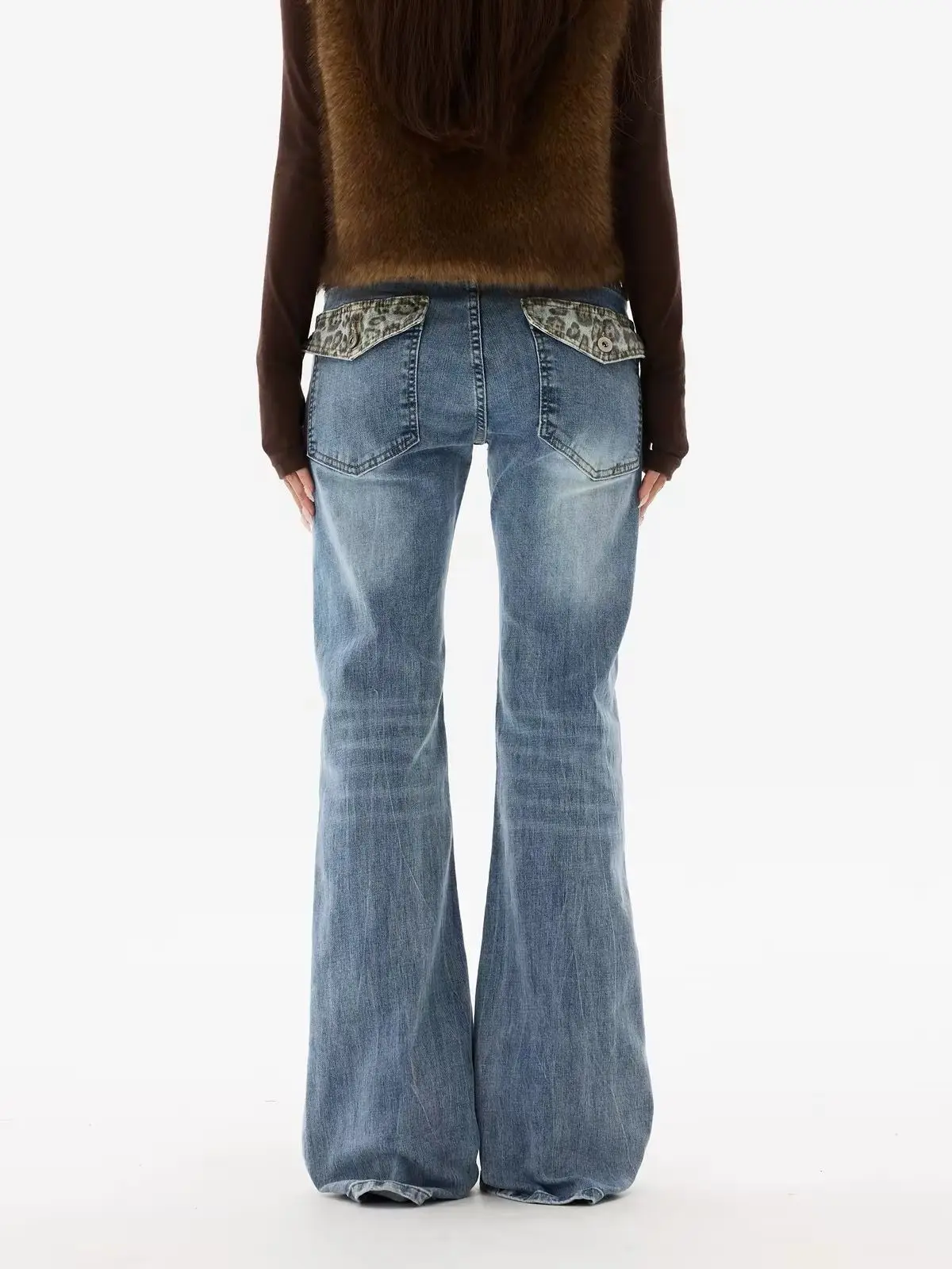 Leopard Patchwork Washed Straight Leg Jeans Women Retro Slim Fit Designer Streetwear Denim Pants