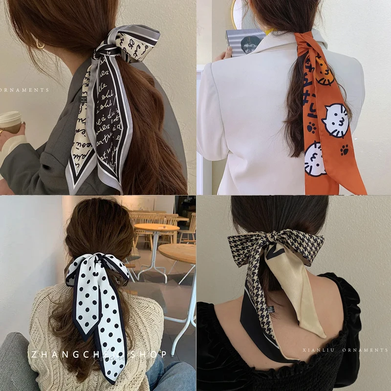 Fashion Printing Chiffon Check Grace Long Ribbon  Bow Lady Headdress Scrunchie Ponytail Holder Tie Women Silk Scarves Hair Band