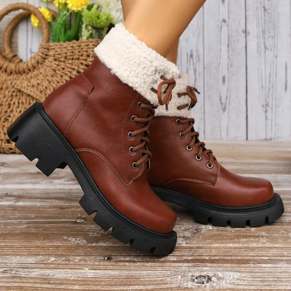 Winter Fashionable Womens Snow Boots Plus Velvet Platform Female Leather Boot 2024 New Women Shoes Heeled Ankle Boot