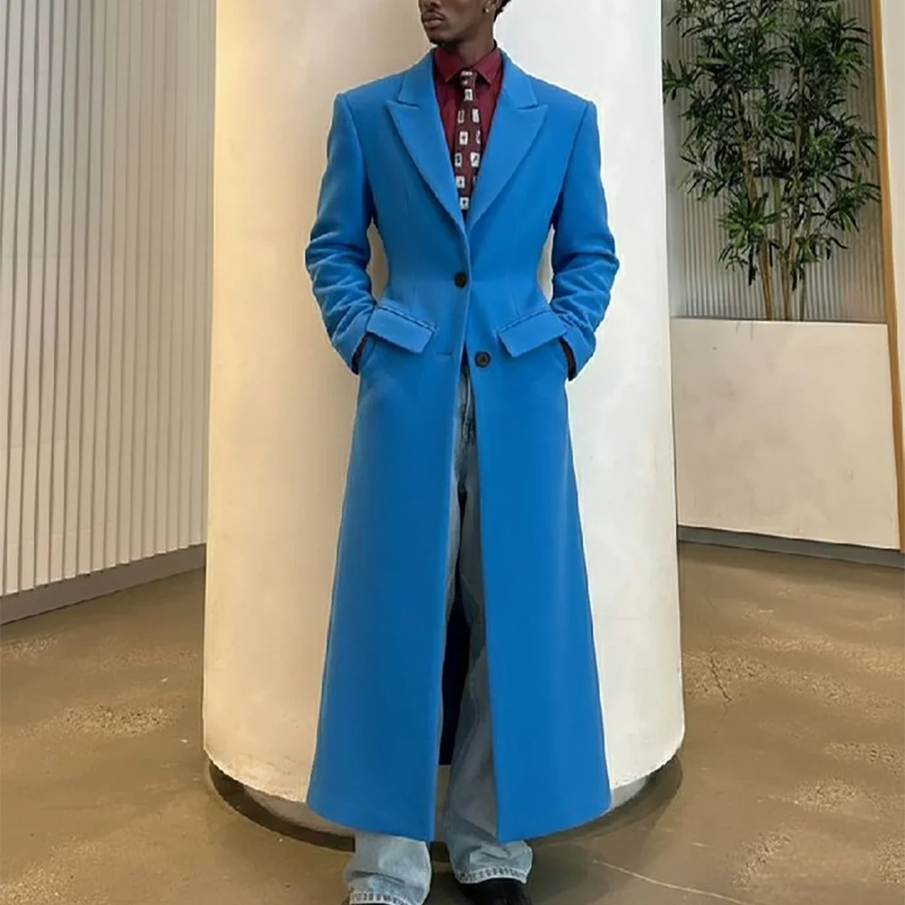 Men's Black Wool Suit Jacket 1 Piece Long Overcoat Notched Lapel Single Breasted Slim Fitted Formal Business Casual Outerwear