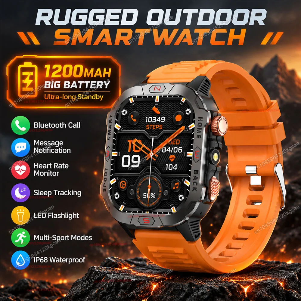 2026 1200mAh Ruggary Outdoor Smartwatch 2.01 Inch LED Flashlight IP68 Waterproof Heart Rate Sleep Bluetooth Call Sport Watch H10