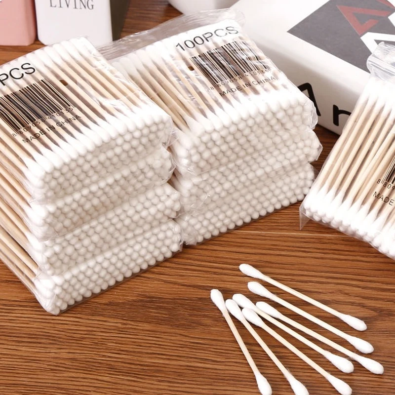 Cotton Swab Storage Box Transparent Square Bamboo Cover Cotton Swab Toothpick Organize Box Double Head Cotton Buds Container