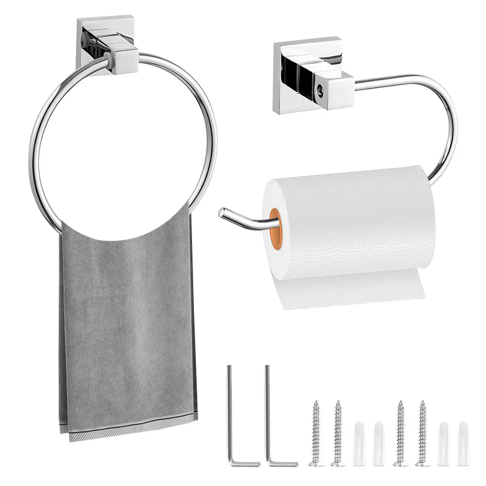 

Toilet Paper Roll Holder and Hand Towel Ring Set Stainless Steel Bathroom Accessories Wall-mounted Toilet Paper Holder