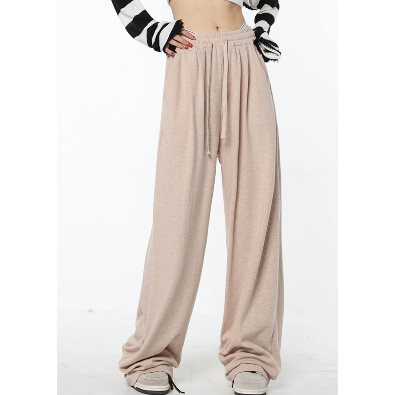 

Women Apricot Sweatpants Drawstring High Waist Vintage Baggy Pants American Fashion Female Bottoms Straight Wide Leg Trouser