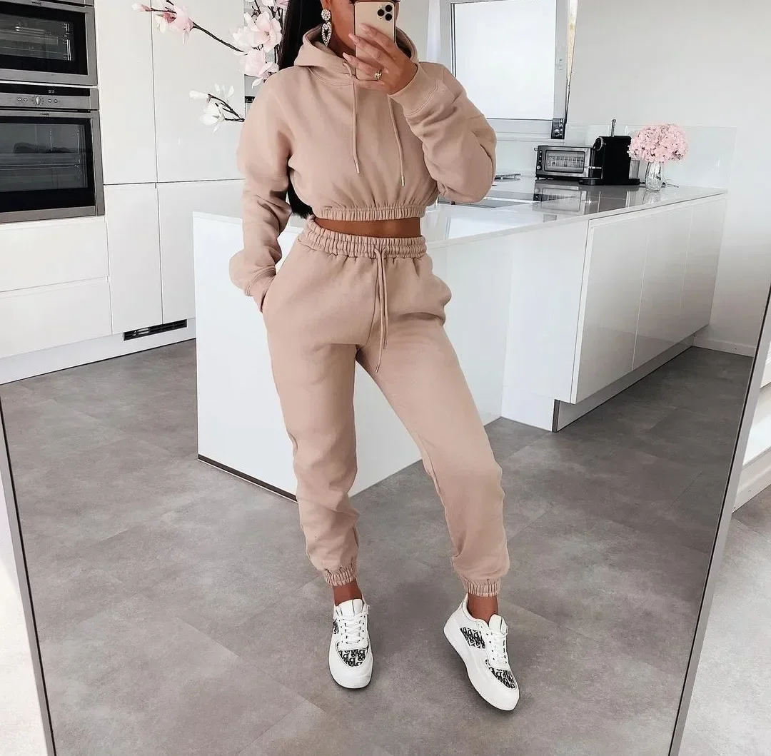 Women Two Piece Sets Hooded Loose Casual Matching Sets Short Tops Lace Up Straight Long Pants Set tracksuit Autumn winter