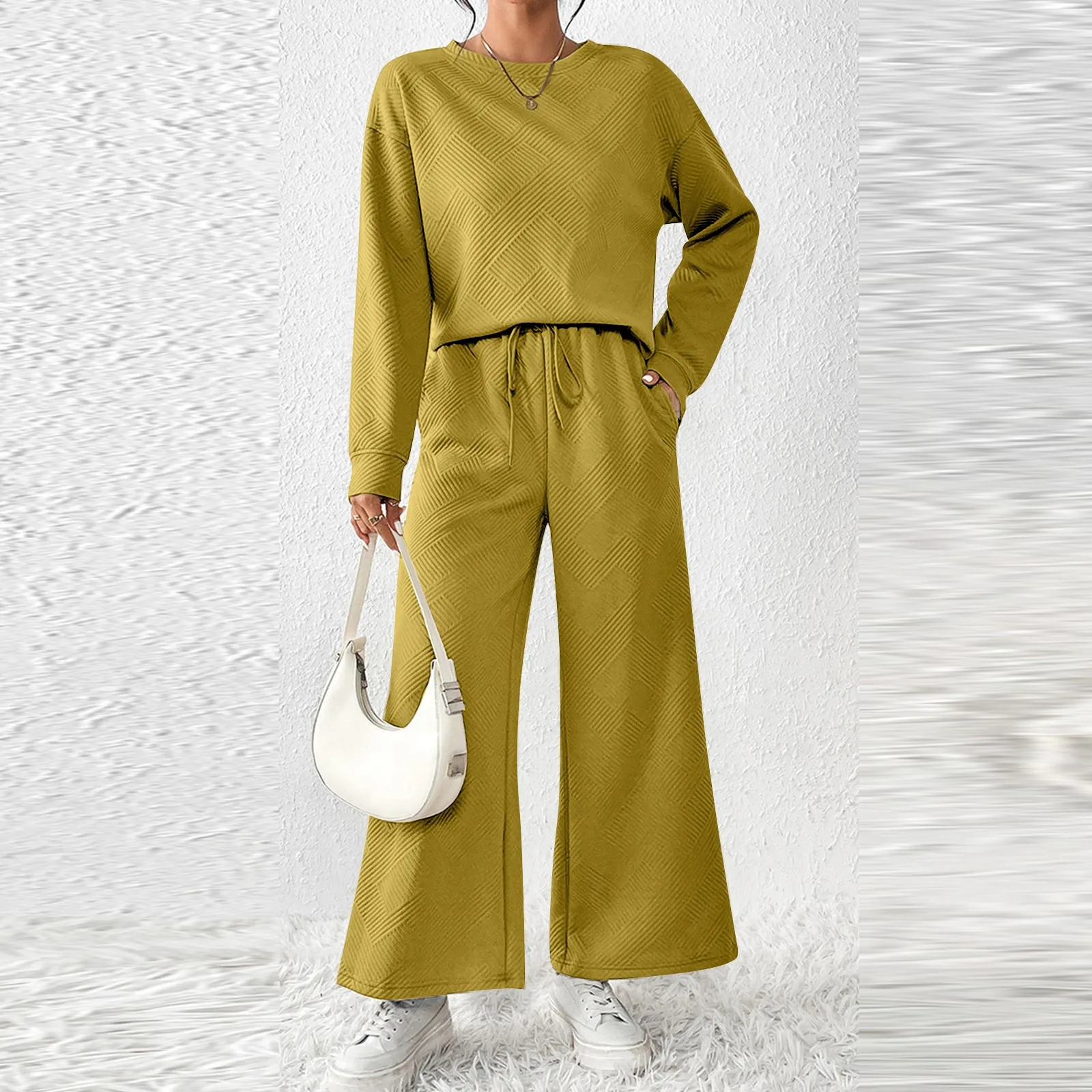 Women's Casual Solid Long Sleeve Sweater Lazy Suit Short Top And Loose Pants Set Autumn Winter Home Round Neck Outdoor Sets