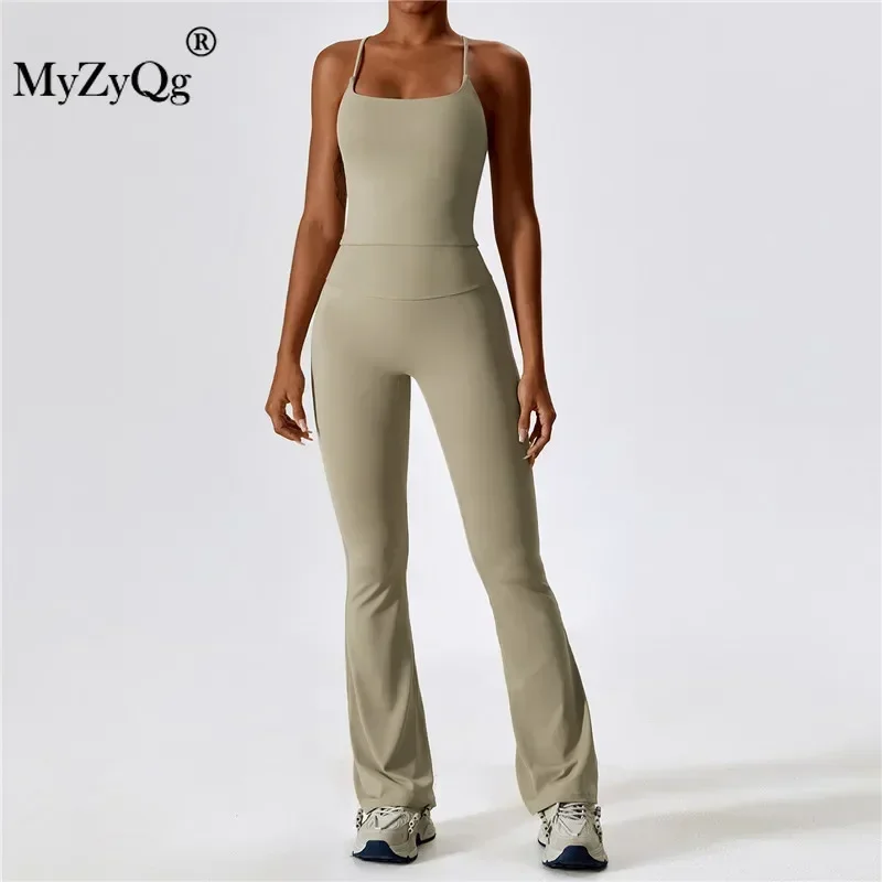 MyZyQg Women Autumn Shock-proof Two Piece Yoga Suit Quick Dry Body-tight Fitness Suit Casual Sports Vest Flare Pant Set