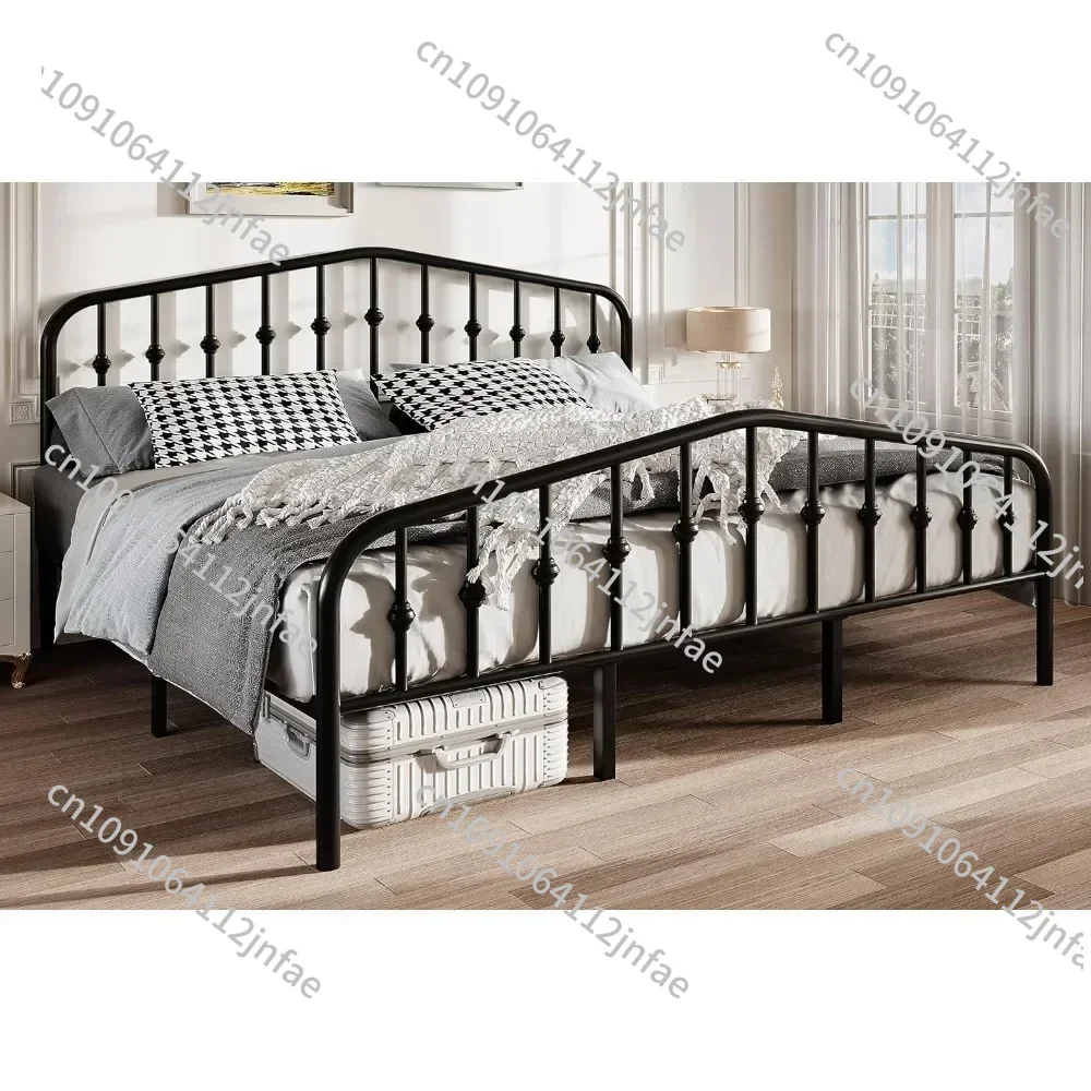 King Size Bed Frame with Vintage Style Wrought Iron Headboard and Footboard, Easy Assembly, King Size Metal Platform Bed Frame