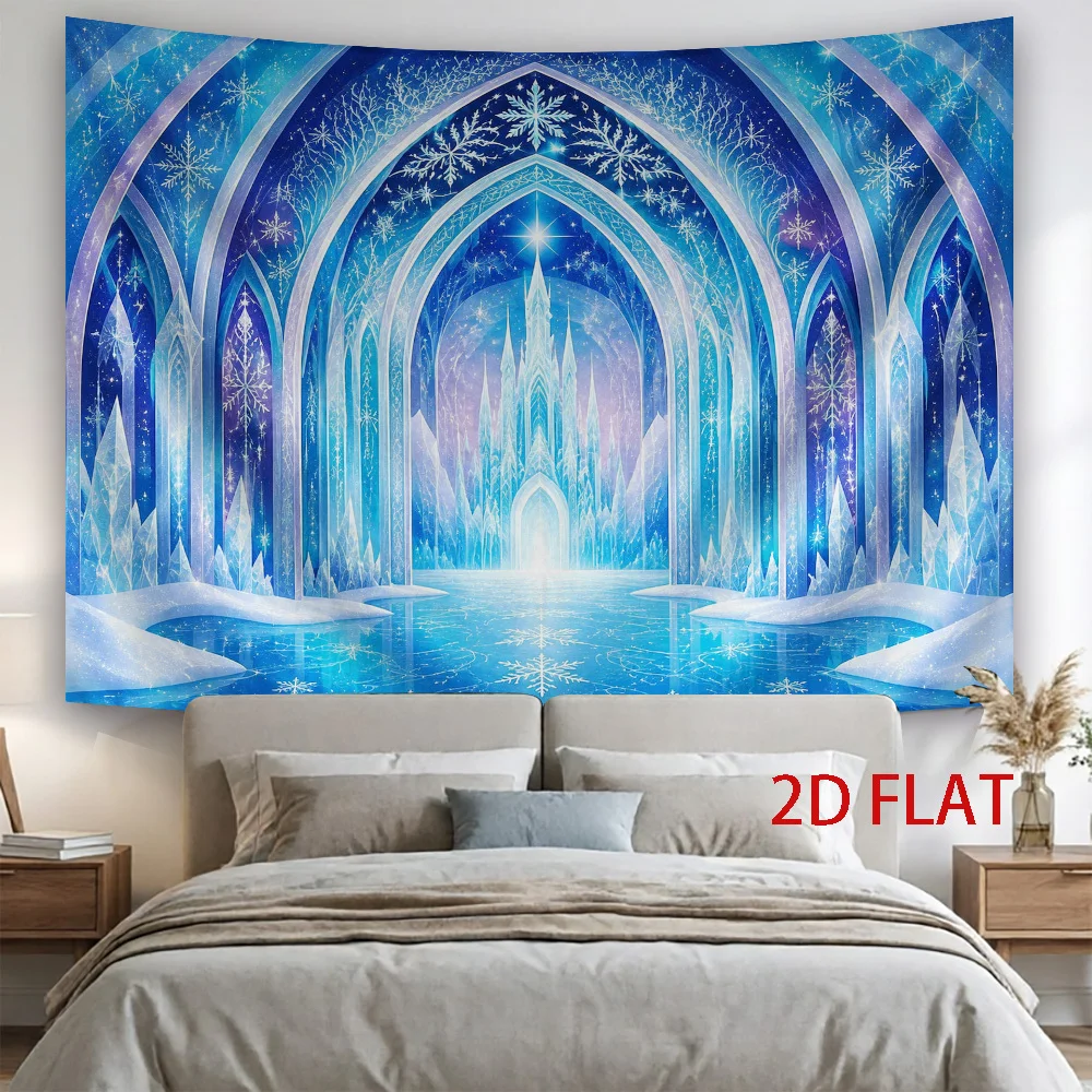 Ice Castle Tapestry, Blue Snowflake Palace Wall Hanging, Winter Wonderland Art, Frozen Theme Decor, Fantasy Bedroom Backdrop