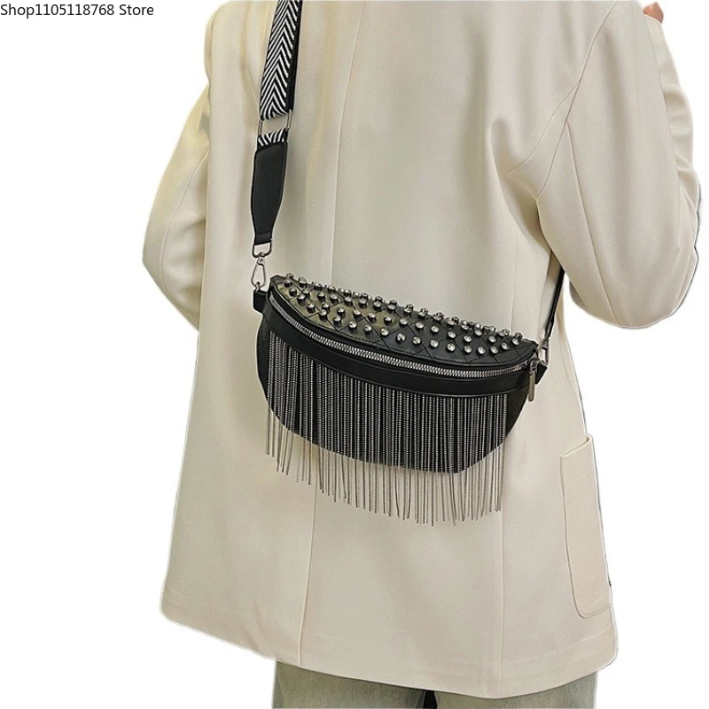 

Casual Fashion Wide Straps PU Shoulder and Crossbody Bags Rivet Tassel Super Cool Chest Bags