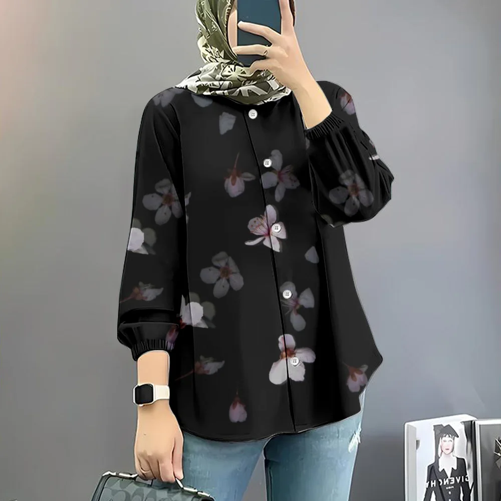 Elegant Floral Print Button Down Shirt Women Spring 2025 Female Muslim Abaya Blouse Clothing Long Sleeve Elastic Cuff Shirt Top