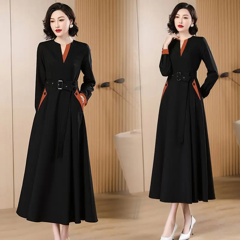 Black Temperament Spliced Dress New Fashion Age Reduction High-end Feeling Slimming Large Display Mid Length Skirt