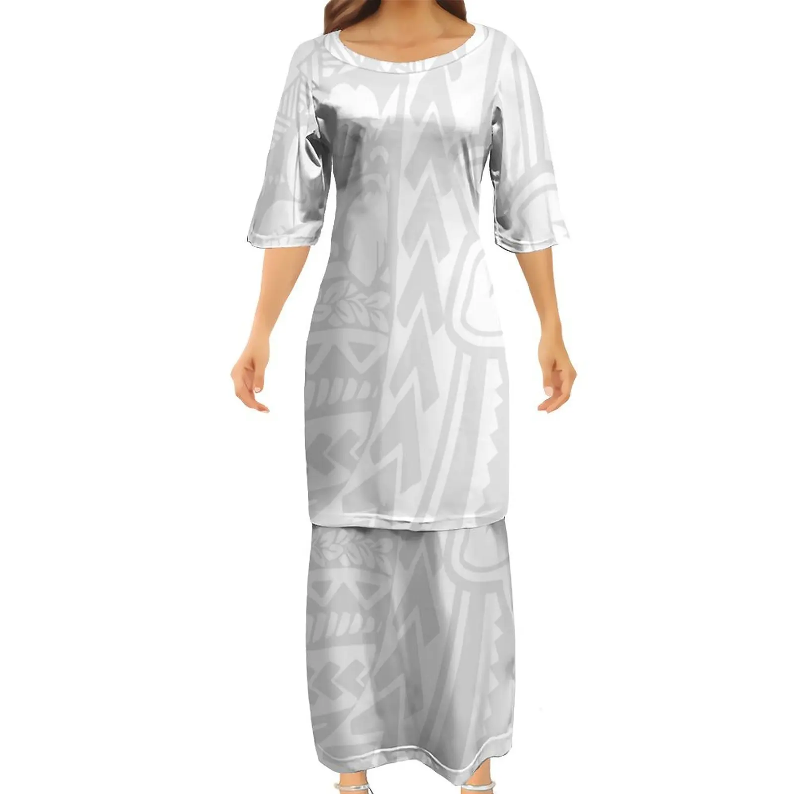 Pacific Islands Art Maxi Dress Polynesian Puletasi Dress Double Full Skirt Ladies Festival White Dress 2024 New