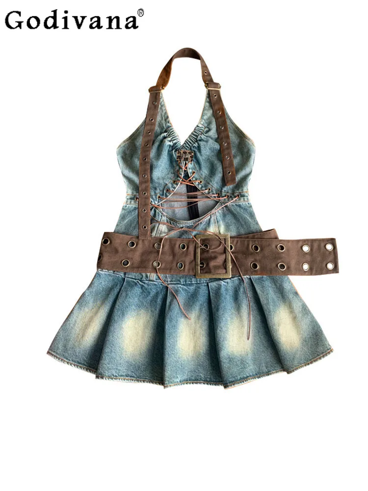 

Spring Summer New Sexy American Chic Hollow Lace-up V-neck Short Denim Dress Retro Blue Halter Neck High Waist Pleated Dresses