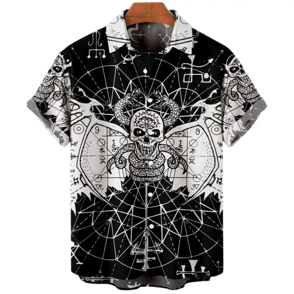 Vintage Men\'s Shirts Demon Horror Skull Shirt Tops 3D Printed V-Neck Oversized Casual Designer Y2k Clothes Male Punk Streetwear