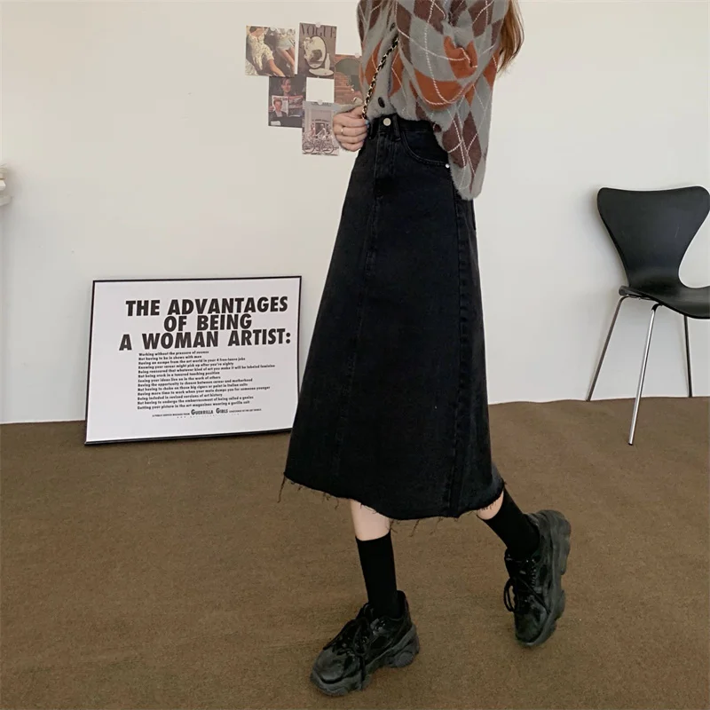 Korean Style Skirt Female Literary High Waist Retro Long Skirt Fashion Stretch New Design A Word Dress