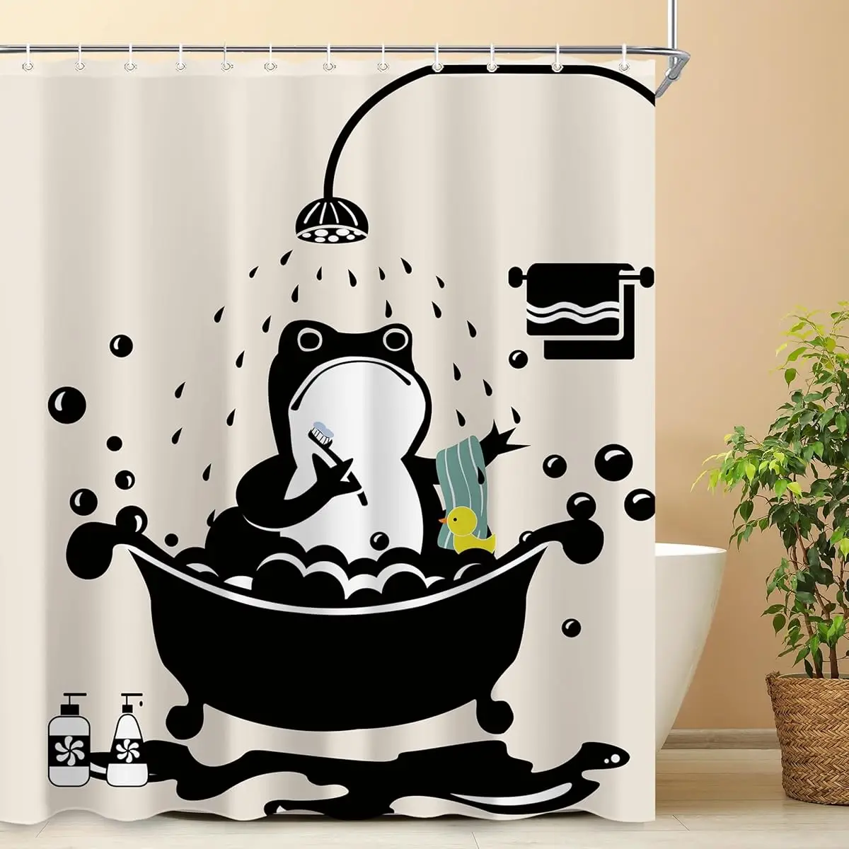 

Забавная лягушка в ванной, изображенная на шторке для душа с черно-белым дизайном и пузырьками, для игривого декора ванной комнаты в стиле мультфильма.