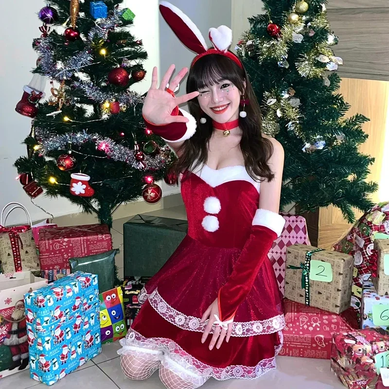 Super Sexy Christmas Outfit Hot Red Bunny Santa Cosplay Rudolph Holiday Party Costume New Year Seductive Uniform Performance