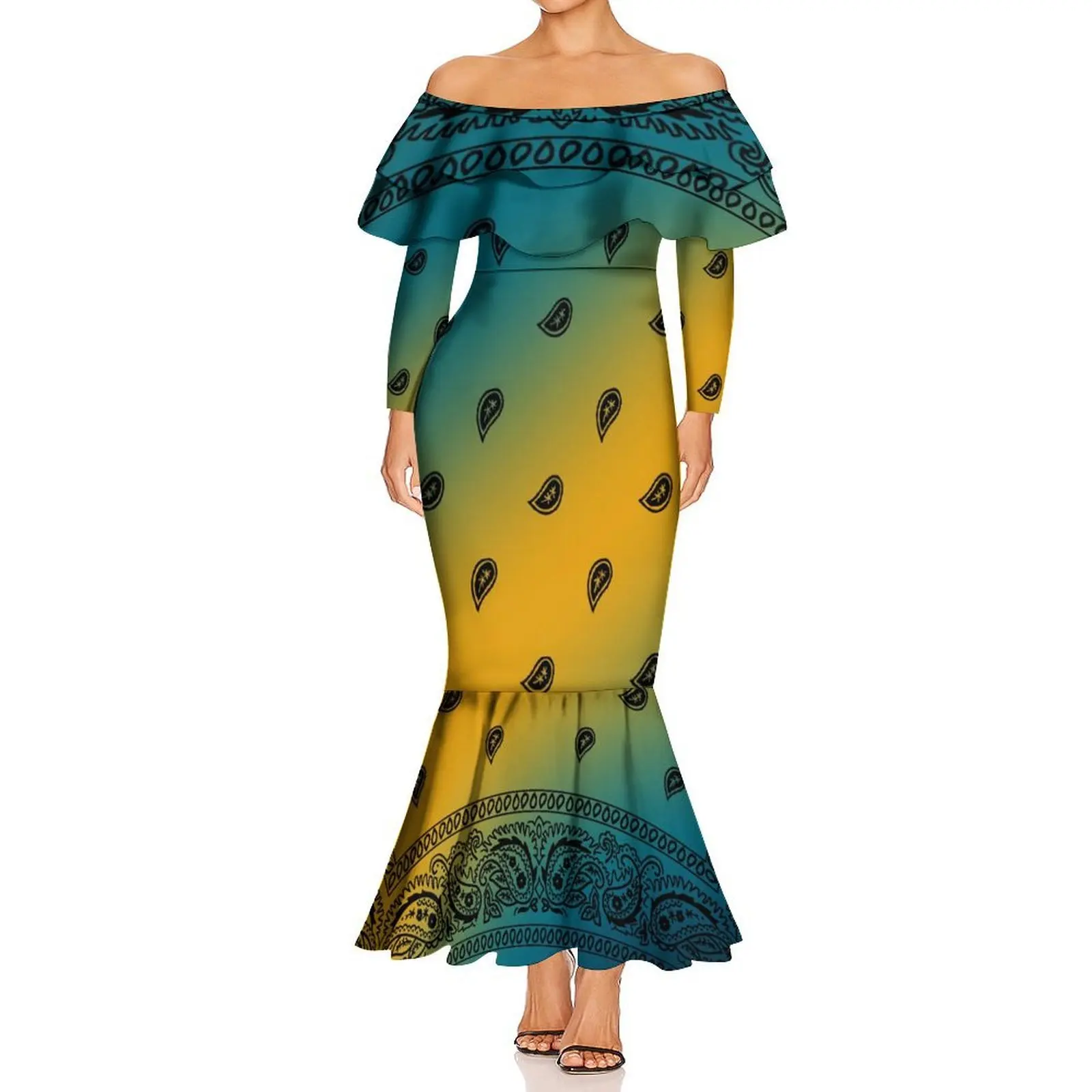 Vestido rabo de peixe com babados, manga comprida, gola única, camada dupla, para mulheres, verão, bandana, havaí, vestido de festa personalizado