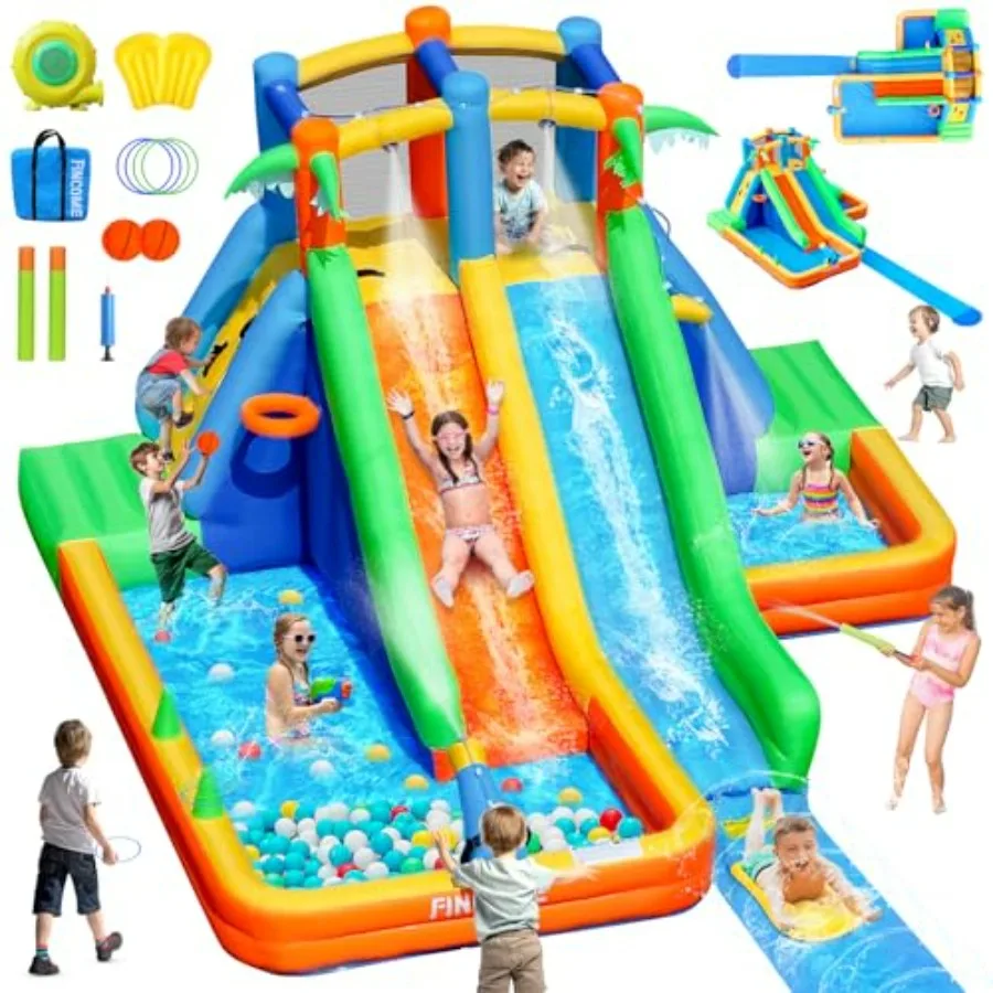 Backyard inflatable water slide bounce house with extended splash waterslide, PVC material, blue and yellow, dual water pools,