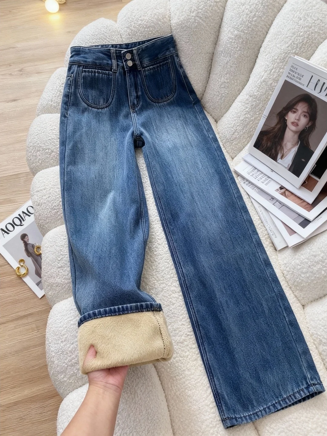 Fce forrado thi perna reta jeans feminino cintura alta solto ajuste outono inverno plus size emagrecimento calças de perna larga