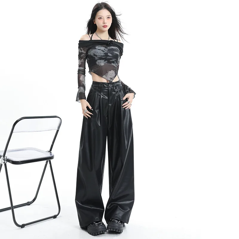 

Autumn New Fashion Solid Color Loose Pu Leather Pants, Personality Street Casual Pleating High Waist Long Wide Leg Pants Women