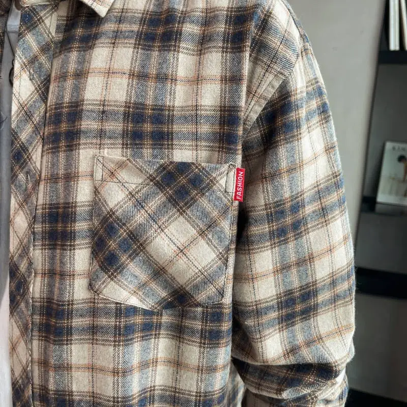 Camisa a cuadros de manga larga para hombre, chaqueta ajustada coreana, camisa informal de tendencia para estudiantes, forro