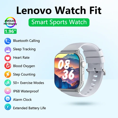 Imagen 1 del producto Reloj inteligente Lenovo para mujer, control de la salud, frecuencia cardíaca, llamada Bluetooth, 1,96 pulgadas, HD AMOLED, resistente al agua IP68, reloj inteligente para Android IOS