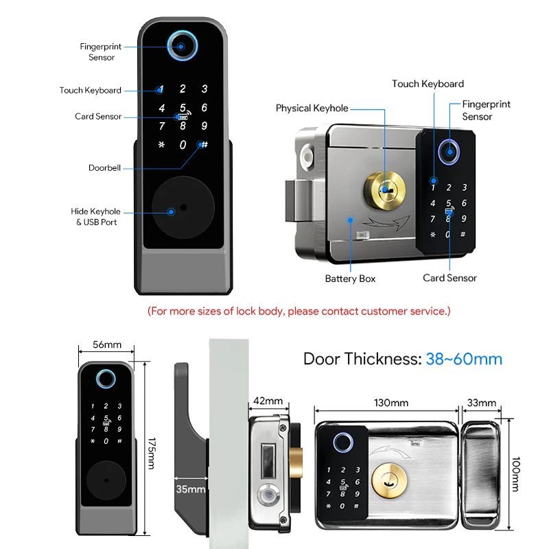 Waterproof Fingerprint Lock Tuya Wifi Remote Control Bluetooth TTLock App Card Digital Code Keyless Electronic Smart Door Lock