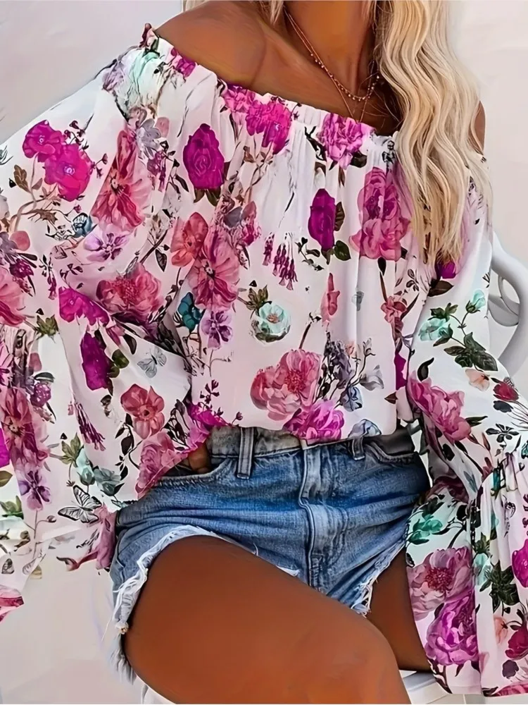 

Fashion Printed Summer Casual Comfortable A-neck Top Women's Elegant Lantern Long-sleeved Pleated Loose Classic Versatile Top